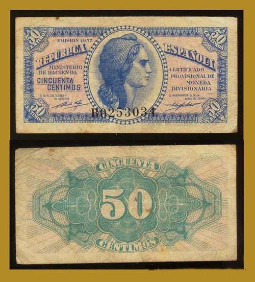 Billetes espa&ntilde;oles: REPUBLICA ESPA&Ntilde;OLA / 50 centimos / Sre. B / Emisi&oacute;n 1937