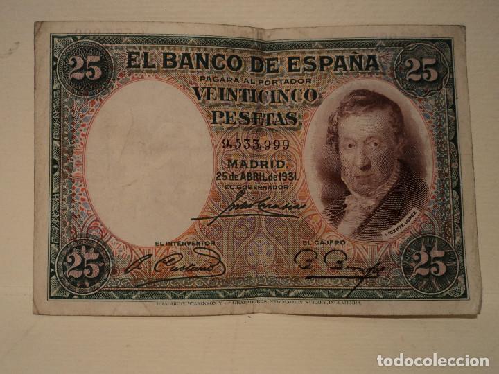 Billetes espa&ntilde;oles: billete de 25 pesetas de 1931 sin letra de serie buen estado