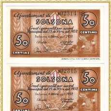Billetes españoles: 2 PAREJAS CORRELATIVAS 1 PESETA Y 50 CENTIMOS SOLSONA SC . Lote 116565247