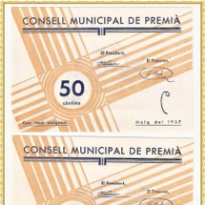 Billetes españoles: PAREJA 50 CENTIMOS PREMIÁ 1937. Lote 116566251