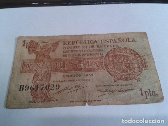 Notas espanholas: BILLETE UNA PESETA 1937 N&ordm; SERIE ( B 9617O29  )  REPUBLICA ESPA&Ntilde;OLA  CIRCULADO