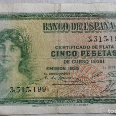 Billetes españoles: BILLETE 5 PESETAS. 1935. REPÚBLICA ESPAÑOLA. SIN SERIE