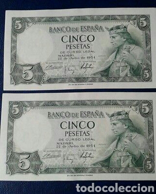 Notas espanholas: PAREJA CORRELATIVA DE 5 PESETASDE 1954 SC