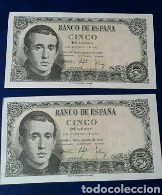 Notas espanholas: PAREJA CORRELATIVA DE 5 PESETASDE 1951 SC