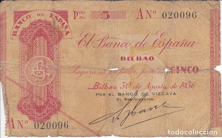 Spanish Banknotes: BILLETE DE 5 PESETAS DEL BANCO DE ESPA&Ntilde;A-BILBAO DEL A&Ntilde;O 1936 (BANCO DE VIZCAYA)