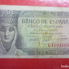 Billetes españoles: ESTADO ESPAÑOL. BILLETE DE 5 PESETAS EMISIÓN MADRID 1943. CIRCULADO. SERIE 'G'