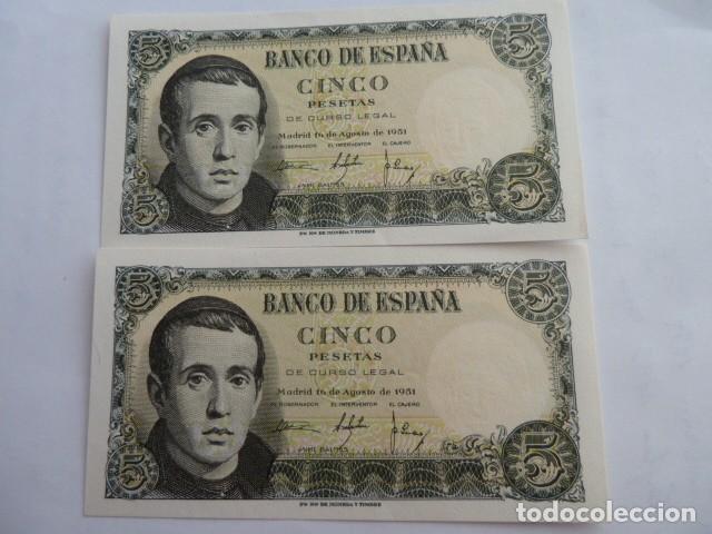 Notas espanholas: Pareja correlativa billetes 5 PESETAS 1951 serie 1C, sin circular