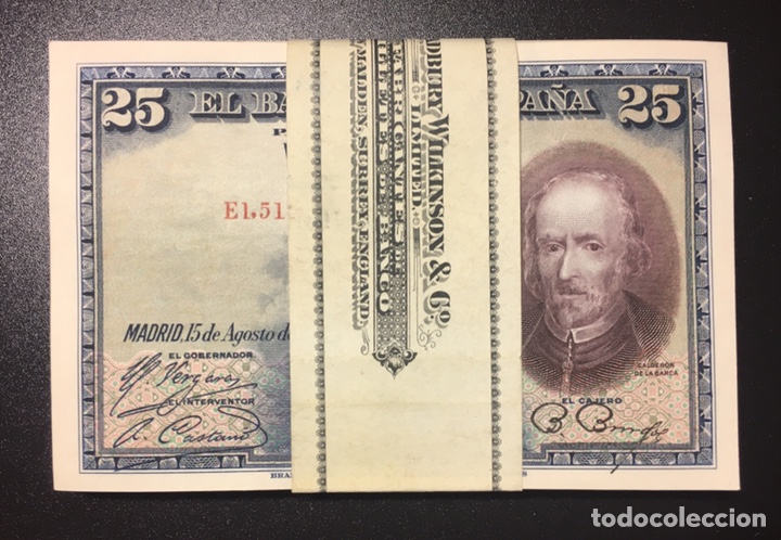 Billetes espa&ntilde;oles: 25 pesetas 1928 &uacute;ltima serie E plancha de taco ref E15a - Foto 1