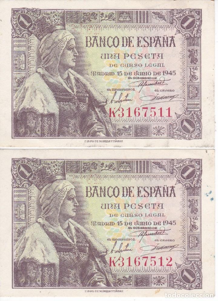 Billetes espa&ntilde;oles: PAREJA CORRELATIVA DE 1 PESETA DEL A&Ntilde;O 1945 DE ISABEL LA CATOLICA DE LA SERIE K EN BUENA CALIDAD