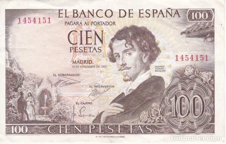 Billetes espa&ntilde;oles: BILLETE DE 100 PESETAS DEL A&Ntilde;O 1965 DE ADOLFO BECQUER SIN SERIE (RARO)
