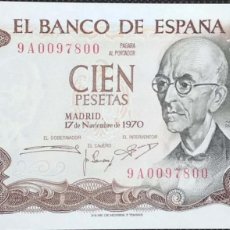 Billetes españoles: 100 PESETAS DE 1970 SERIE ESPECIAL 9A0097800, NÚMERO BAJISIMO, SIN CIRCULAR/PLANCHA. Lote 158732506