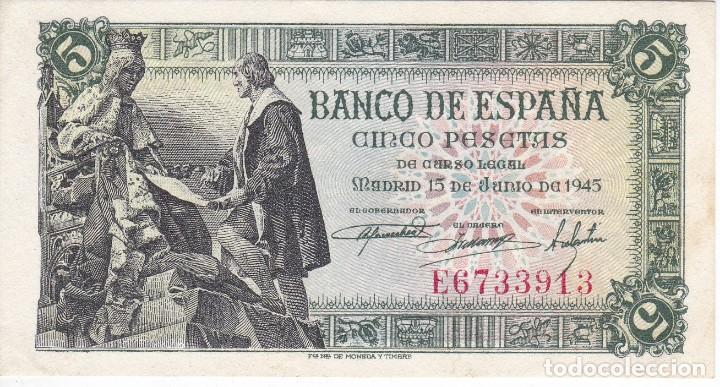 Spanish Banknotes: BILLETE DE 5 PESETAS DEL A&Ntilde;O 1945 SERIE E EN CALIDAD EBC