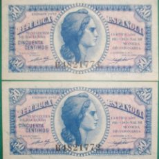 Billetes españoles: REPÚBLICA ESPAÑOLA. 50 CÉNTIMOS. 1937. PAREJA CORRELATIVA IMPAR. SERIE B. SC. Lote 172299947
