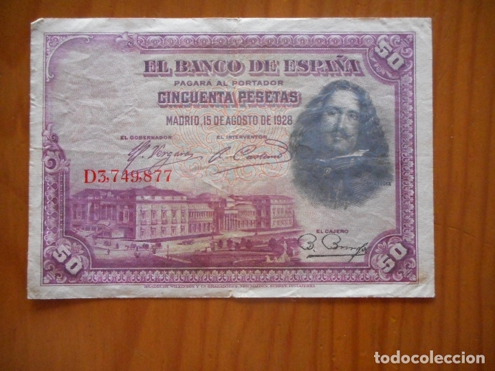 Billetes espa&ntilde;oles: Billete de 50 pesetas de 1928. Serie D. Vel&aacute;zquez. Buen estado