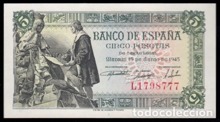 Billetes espa&ntilde;oles: 5 pesetas de 1945, serie L, &uacute;ltima emitida, sin circular/plancha