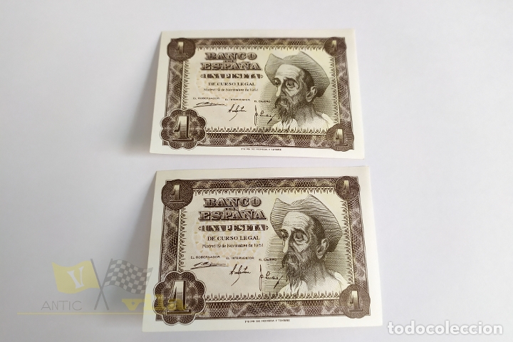 Billets espagnols: 2 Billetes de 1 Peseta con n&uacute;mero de s&eacute;rie correlativos y sin circular - S&eacute;rie L - 1951