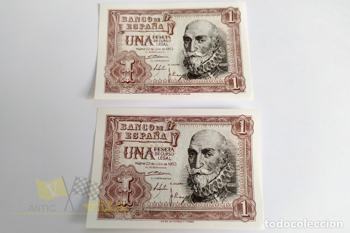 Billets espagnols: 2 Billetes de 1 Peseta - Marqu&eacute;s de Santa Cruz - Correlativos y sin circular - S&eacute;rie D - 1953