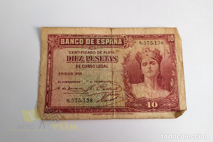 Billets espagnols: Billete de 10 pesetas - S&eacute;rie sin letra - 1935