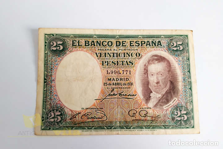 Billets espagnols: Billete de 25 pesetas - Vicente L&oacute;pez - S&eacute;rie sin letra - 1931