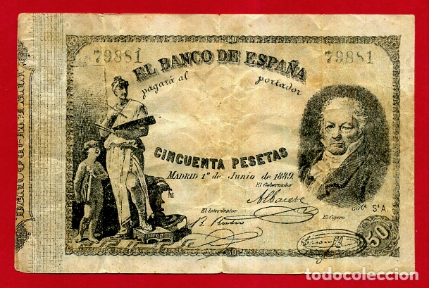 Billetes españoles: BILLETE DE 50 PESETAS 1889 , GOYA , MBC , FALSO DE EPOCA , T881 - Foto 1 - 181579947