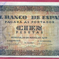 Billetes españoles: BILLETE 100 PESETAS 1938 SIN CIRCULAR PLANCHA SERIE A ORIGINAL , T781. Lote 183307628