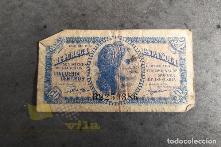 Billets espagnols: Billete de 50 c&eacute;ntimos de la Rep&uacute;blica Espa&ntilde;ola - 1937 - S&eacute;rie B