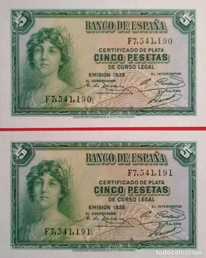 pareja correlativa de 5 pesetas de 1935 serie f - Comprar Billetes