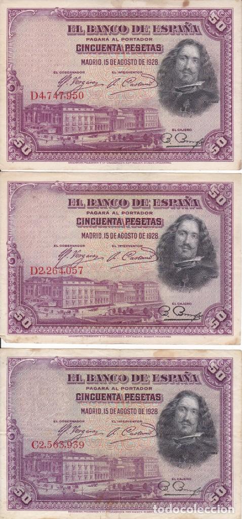 Billetes espa&ntilde;oles: 3 billete 50 pesetas 1928 usados