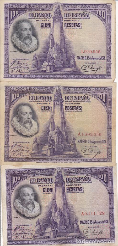 Billetes espa&ntilde;oles: 3 billetes cien pesetas 1928 usados Madrid