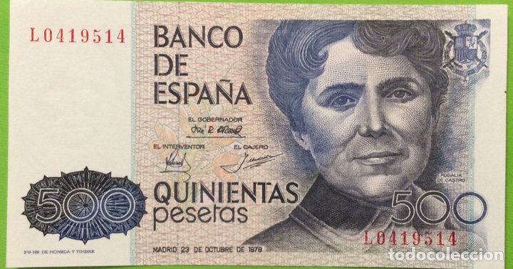 Billetes espa&ntilde;oles: Billete 500 pesetas 1979. Rosalia De Castro . EBC+++.Serie L. Sin circular. Plancha