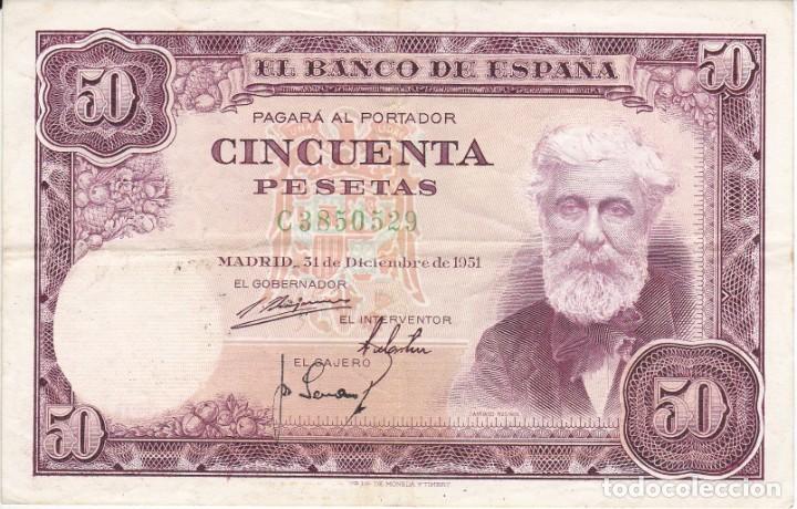 Billetes espa&ntilde;oles: BILLETE DE 50 PESETAS DEL A&Ntilde;O 1951 DE SANTIAGO RUSI&Ntilde;OL SERIE C
