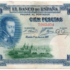 Banconote spagnole: 100 PESETAS FELIPE II - 1 JULIO 1925 MBC RESELLADO, RELIEVE EN SECO BUENA IMPRESIÓN SIN SERIE