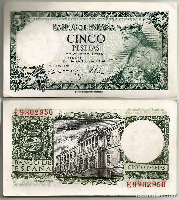 Billetes espa&ntilde;oles: Espa&ntilde;a. 1954. 5 Pesetas (MBC) Serie E - Foto 1