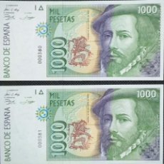 Billetes españoles: PAREJA CORRELATIVA DE 1000 PESETAS DE 1992 SIN SERIE, NUMERACIÓN BAJISIMA 000380/000381, SC/PLANCHA. Lote 200191137