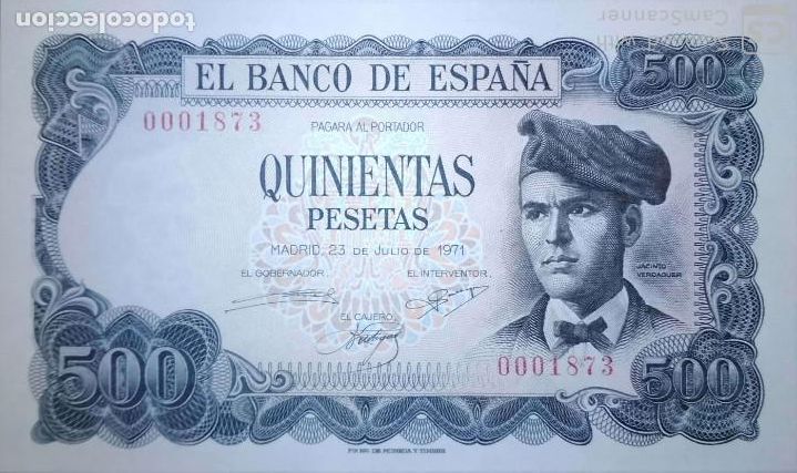 Billetes espa&ntilde;oles: 500 pesetas 1971 sin serie 0001873, sin circular/plancha