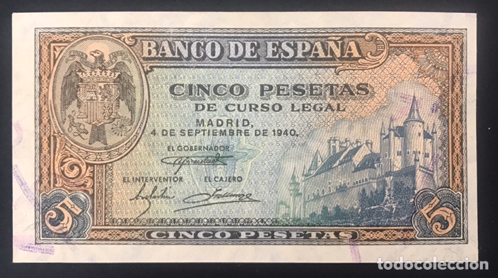 Spanish Banknotes: CMC 5 PESETAS 4 SEPTIEMBRE 1940 ALCAZAR SERIE F CAPICUA MUY RARO SC