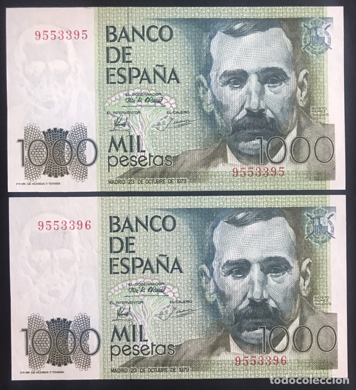 Billetes espa&ntilde;oles: CMC 1000 PESETAS 23 OCTUBRE 1979 BENITO PEREZ GALDOS PAREJA CORRELATIVA SIN SERIE SC