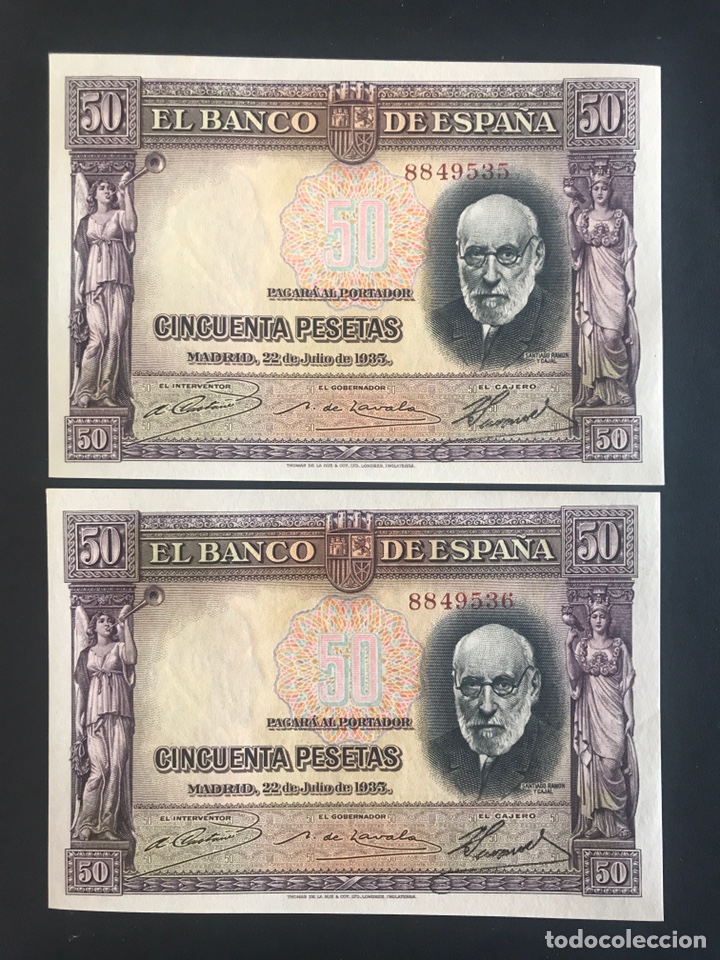 Billetes espa&ntilde;oles: CMC 50 PESETAS 22 JULIO 1935 RAMON Y CAJAL SIN SERIE PAREJA CORRELATIVA SC- EDF 366