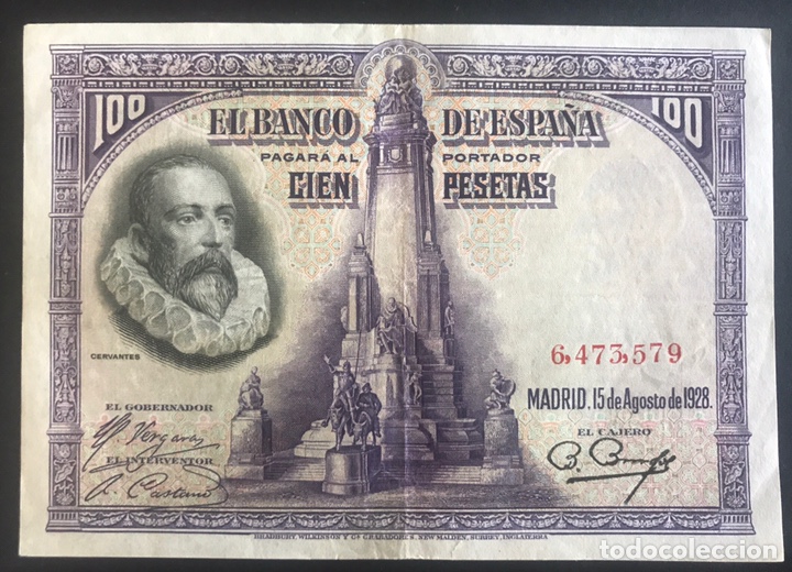 Billetes espa&ntilde;oles: CMC 100 PESETAS 15 AGOSTO 1928 CERVANTES TRIO CORRELATIVO SIN SERIE MBC EDIFIL 355