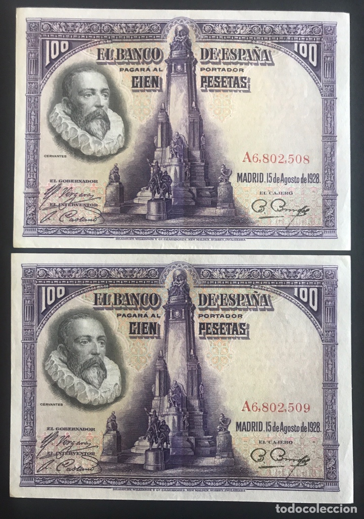 Billetes espa&ntilde;oles: CMC 100 PESETAS 15 AGOSTO 1928 CERVANTES PAREJA CORRELATIVA SERIE A EBC EDIFIL 355a