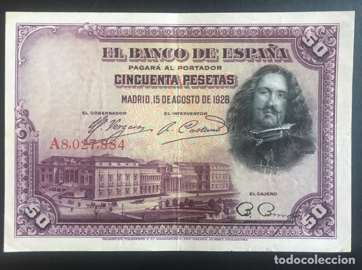 Billetes espa&ntilde;oles: CMC 50 PESETAS 15 AGOSTO 1928 VELAZQUEZ SERIE A MBC EDIFIL 329A
