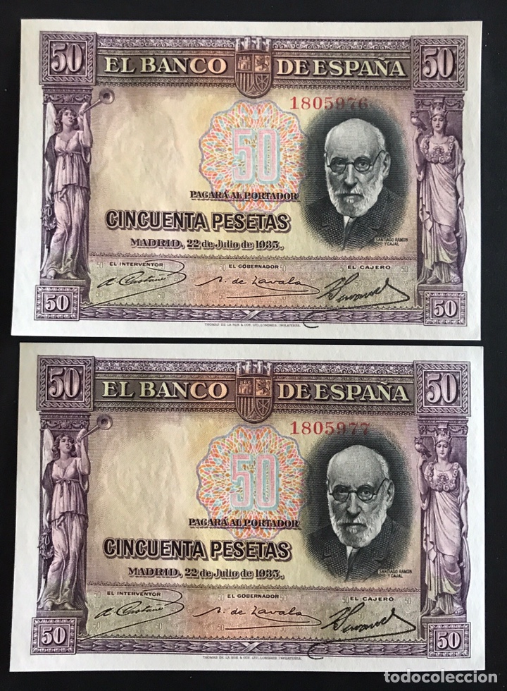 Billetes espa&ntilde;oles: CMC 50 PESETAS 22 JULIO 1935 RAMON Y CAJAL PAREJA CORRELATIVA SIN SERIE SC- EDIFIL 366