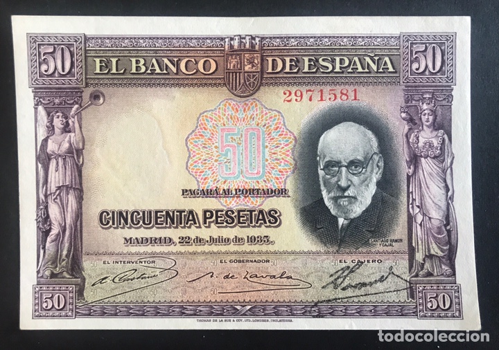 Billetes espa&ntilde;oles: CMC 50 PESETAS 22 JULIO 1935 RAMON Y CAJAL SIN SERIE EBC EDIFIL 366