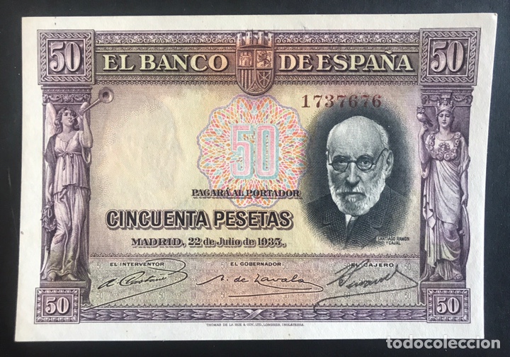 Billetes espa&ntilde;oles: CMC 50 PESETAS 22 JULIO 1935 RAMON Y CAJAL SIN SERIE EBC EDIFIL 366