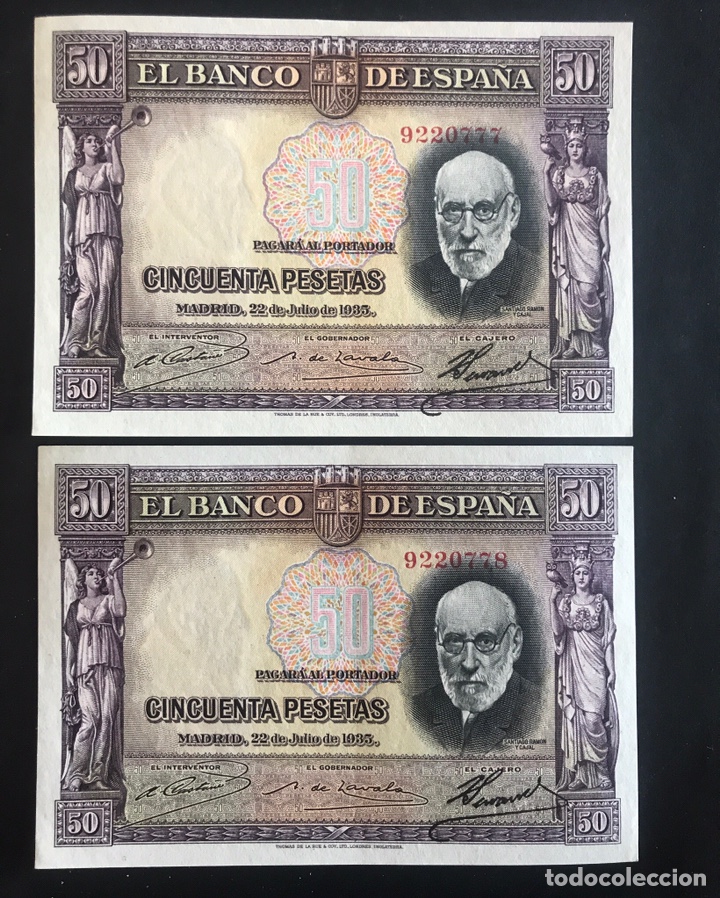 Billetes espa&ntilde;oles: CMC 50 PESETAS 22 JULIO 1935 RAMON Y CAJAL PAREJA CORRELATIVA SIN SERIE EBC EDIFIL 366