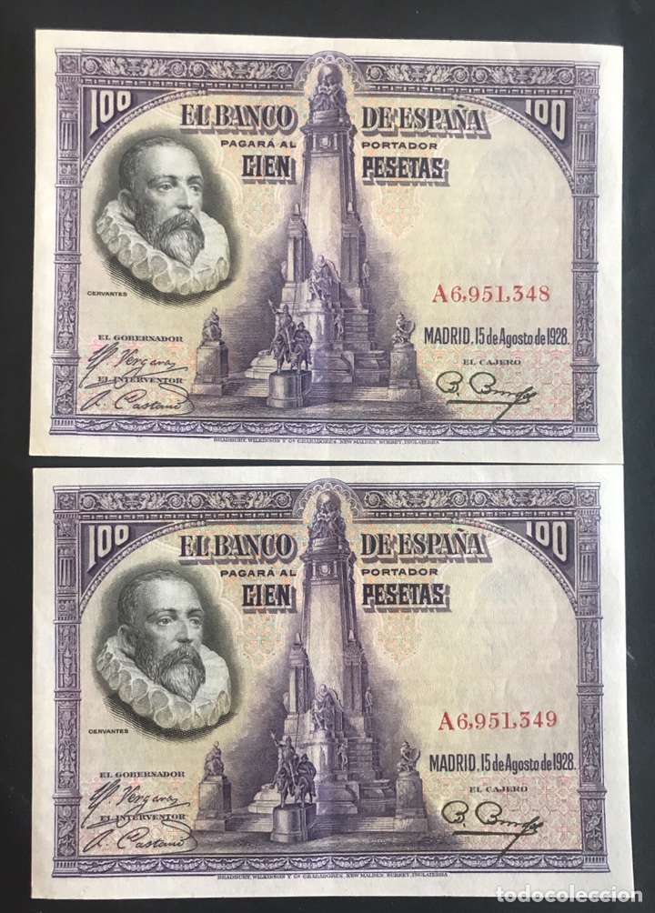 Billetes espa&ntilde;oles: CMC 100 PESETAS 15 AGOSTO 1928 CERVANTES PAREJA CORRELATIVA SERIE A EBC- EDIFIL 355a