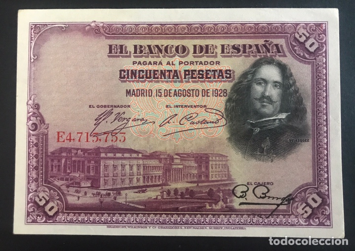 Billetes espa&ntilde;oles: CMC 50 PESETAS 15 AGOSTO 1928 VELAZQUEZ SERIE E EBC EDIFIL 354