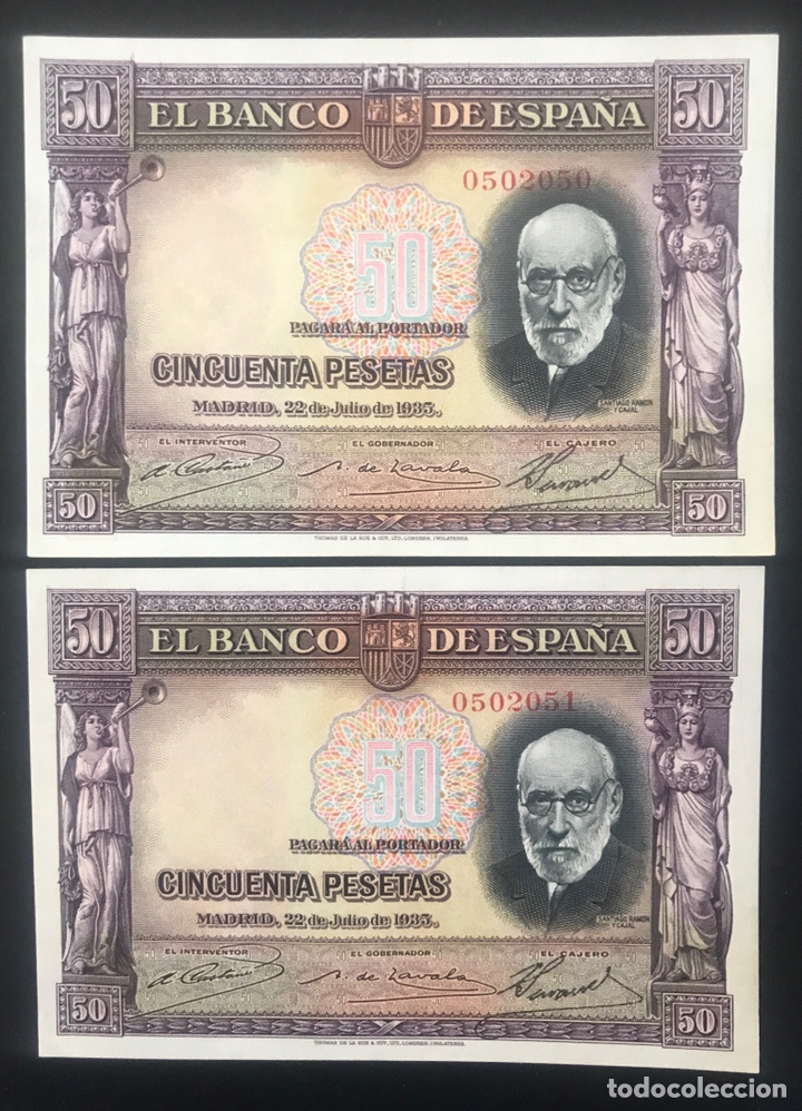 Billetes espa&ntilde;oles: CMC 50 PESETAS 22 JULIO 1935 RAMON Y CAJAL PAREJA CORRELATIVA CAPICUA SC- EDIFIL 366