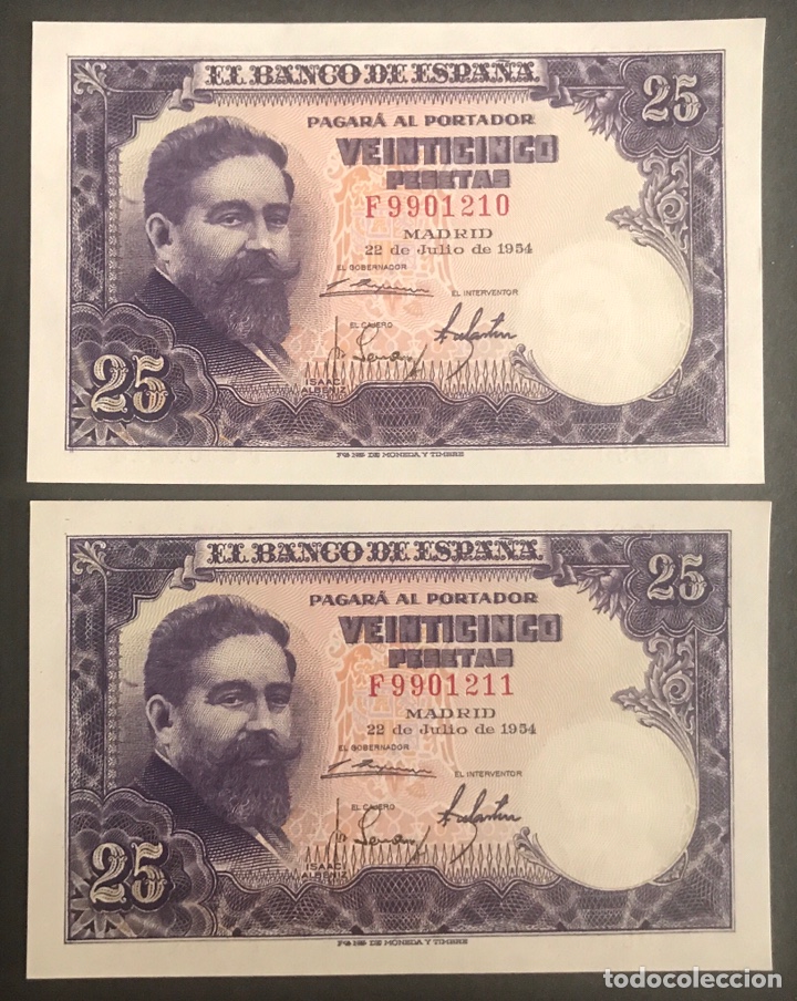 Notas espanholas: CMC 25 PESETAS 22 JULIO 1954 ALBENIZ PAREJA CORRELATIVA SERIE F SC