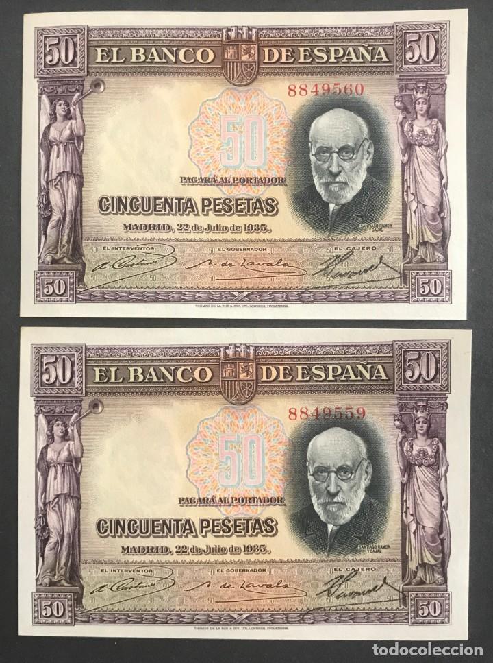 Billetes espa&ntilde;oles: CMC 50 PESETAS 22 JULIO 1935 RAMON Y CAJAL PAREJA CORRELATIVA SIN SERIE SC- EDIFIL 366